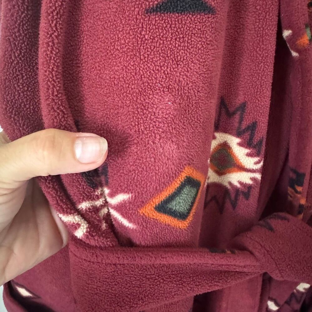 Southwestern Aztec Design Fleece Bath Robe Burgundy - Picture 4 of 8